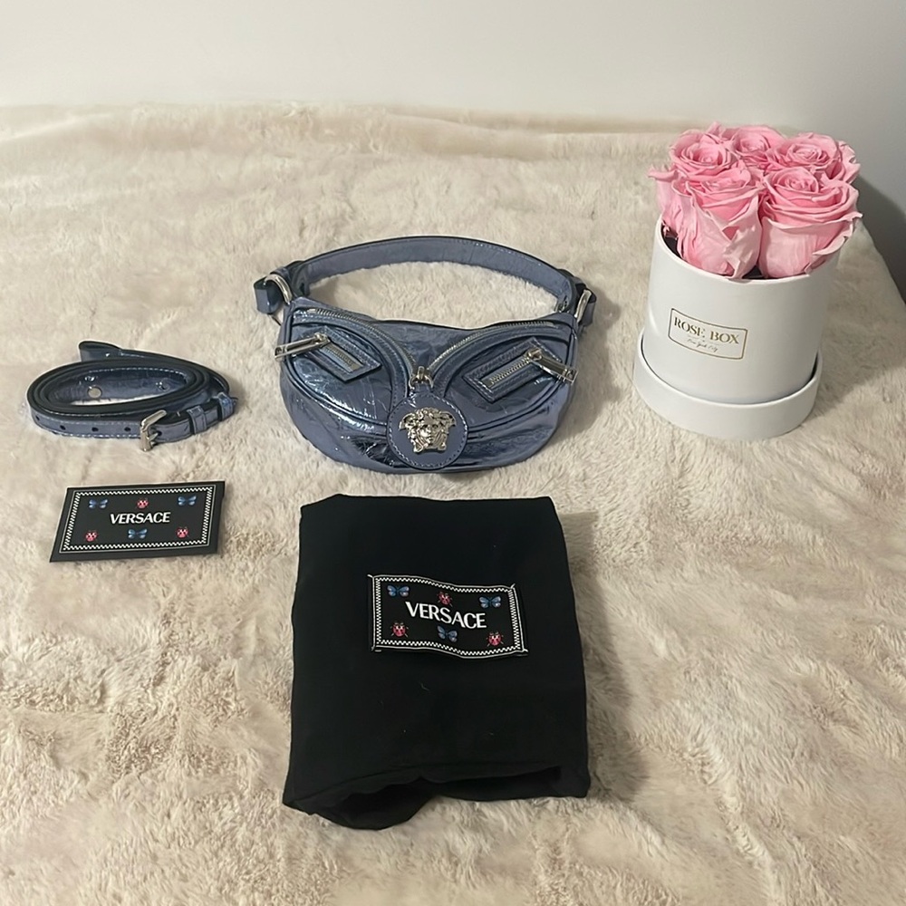 NWT Versace La Medusa Repeat Mini Hobo in Lavender Palladium Metallic Leather